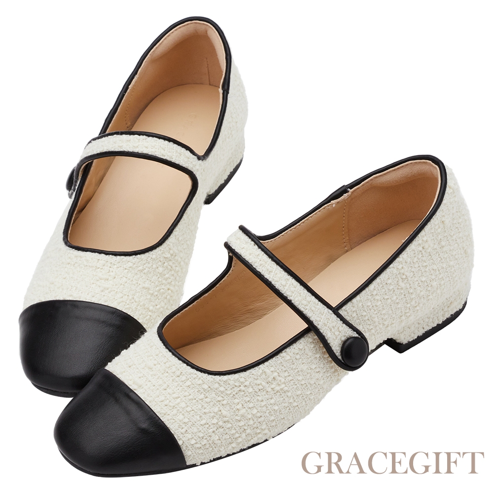 【Grace Gift】甜美名媛毛呢低跟瑪莉珍鞋 白x黑