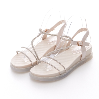 JMS-晶亮裸肌一字S細帶鑽飾厚底楔型涼鞋-白色