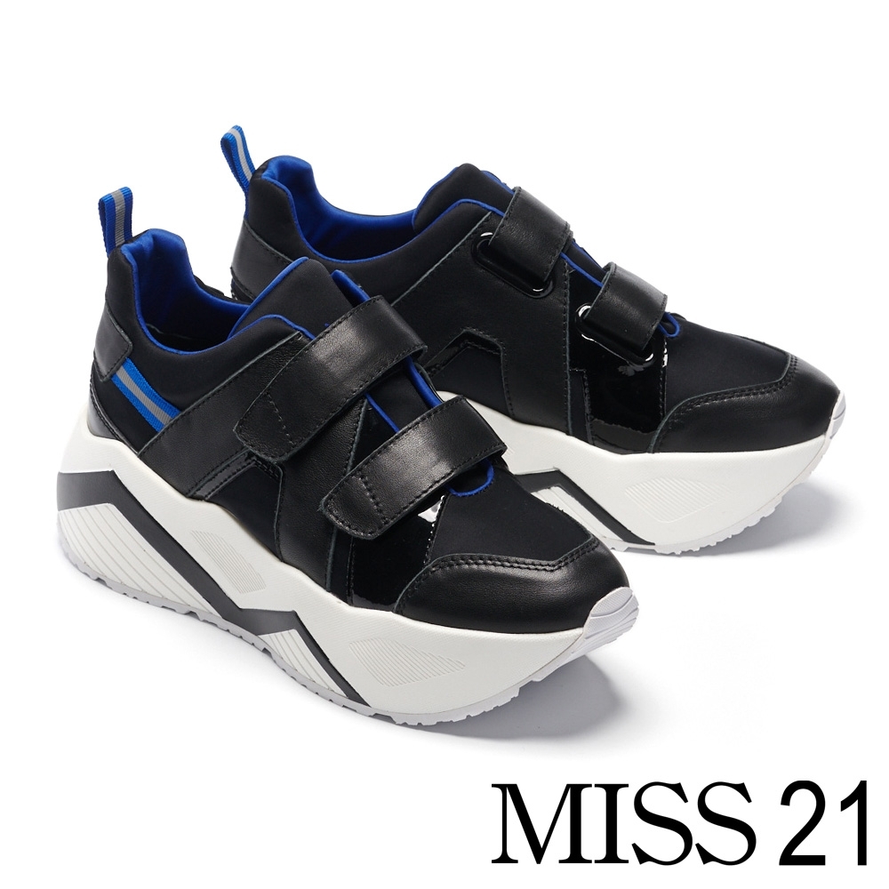 休閒鞋 MISS 21 前衛復古交織拼接設計條帶超厚底休閒鞋－黑