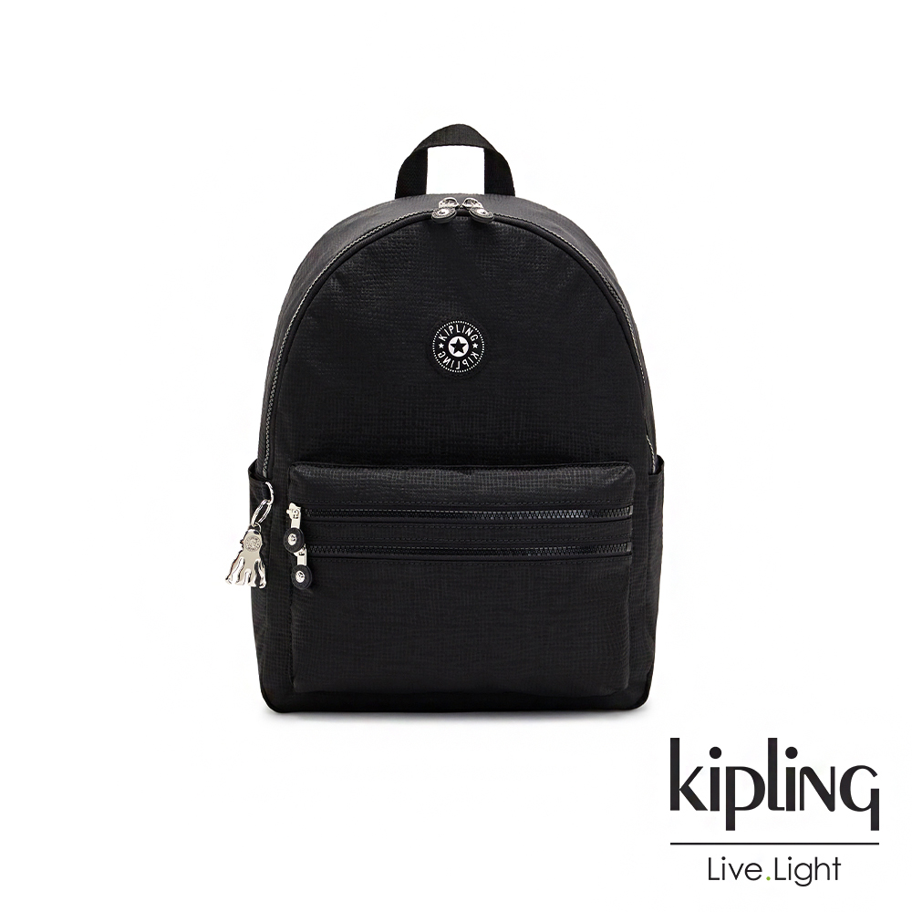 Kipling 黑底竹編壓紋拉鍊後背包-BOUREE