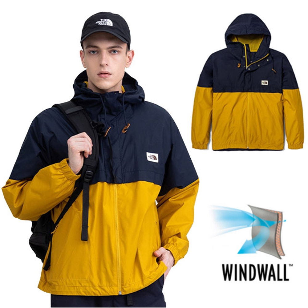 The North Face 男新款WindWall 防風防潑水可調節連帽外套_黃/海軍藍N