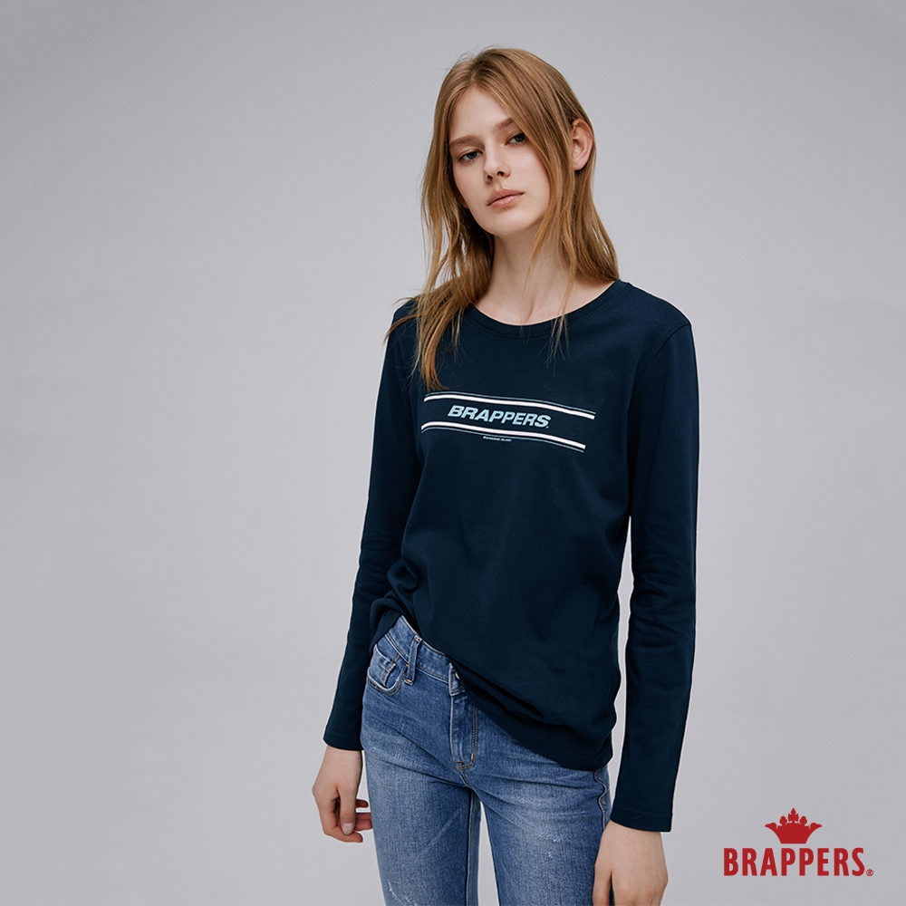 BRAPPERS 女款 撞色橫條logo基本長T恤-丈青