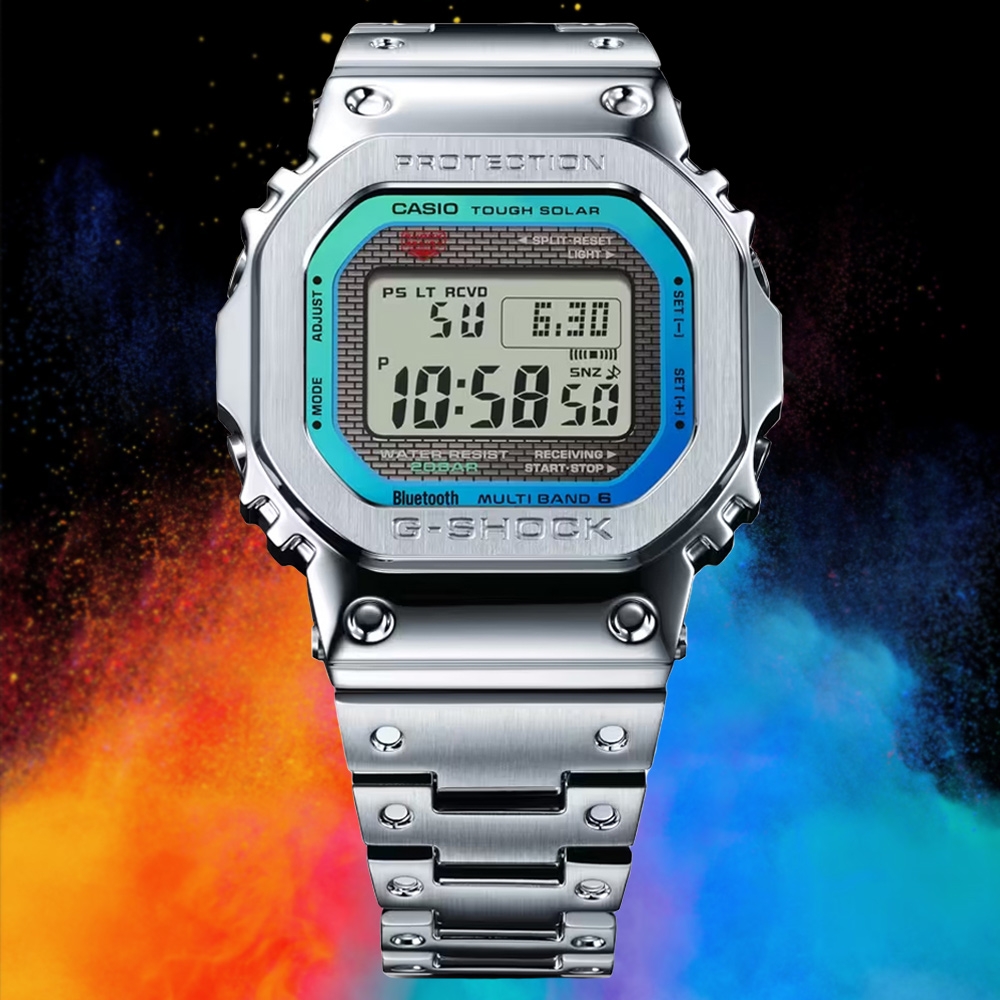 CASIO 卡西歐G-SHOCK 彩虹光譜太陽能智慧藍芽全金屬方形電子錶