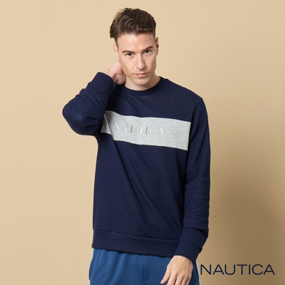 Nautica 男裝 品牌文字LOGO刺繡拼接大學T-深藍