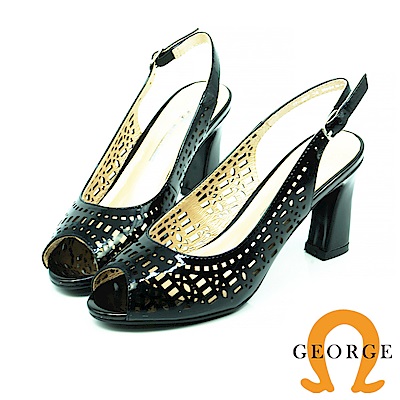 【GEORGE 喬治皮鞋】都會休閒 真皮鏤空魚口鞋中跟鞋-黑