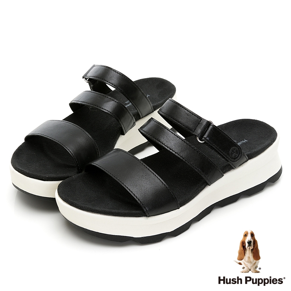 Hush Puppies 機能型透氣皮革厚底拖鞋-黑色