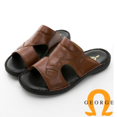 【GEORGE 喬治皮鞋】特大尺寸 手工縫製牛皮壓紋氣墊拖鞋 -棕色 017006AE