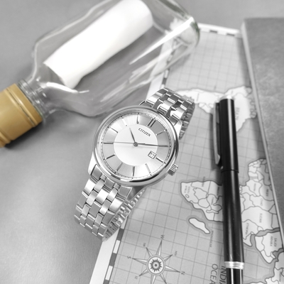 CITIZEN / 簡約時尚 典雅紳士 日本機芯 日期 不鏽鋼手錶-銀白色/40mm