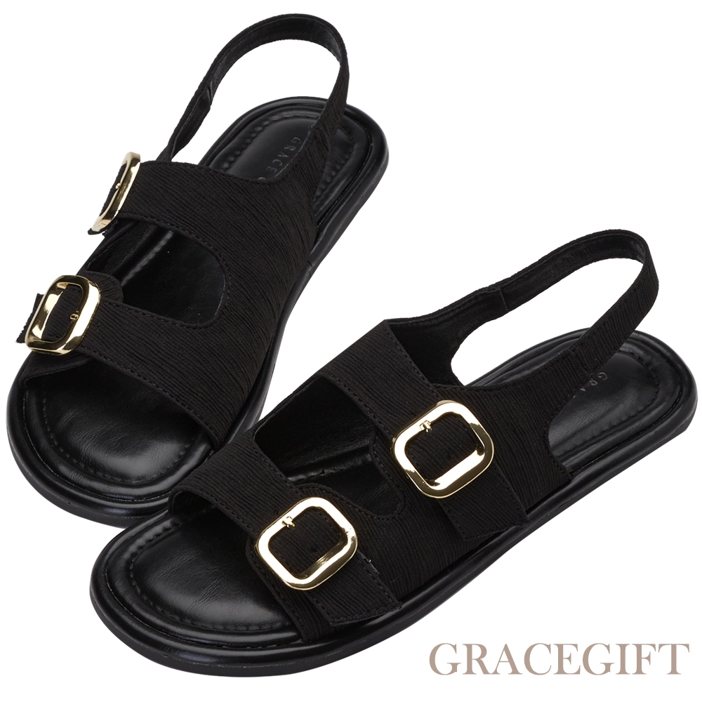 【Grace Gift】質感雙釦百搭平底涼鞋 黑