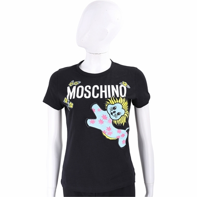 MOSCHINO 小獅子刺繡拼布純棉黑色短袖TEE T恤