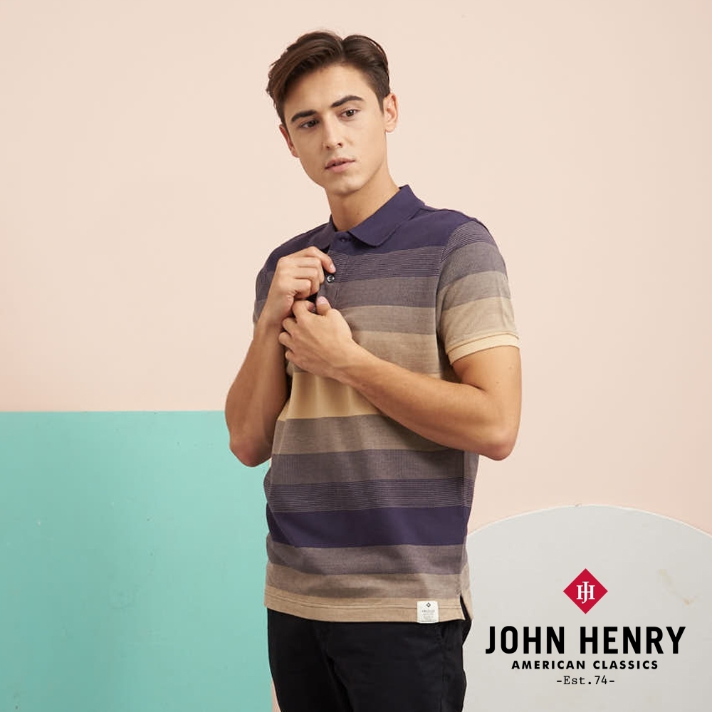 【JOHN HENRY】美國棉漸層設計短袖POLO-藍