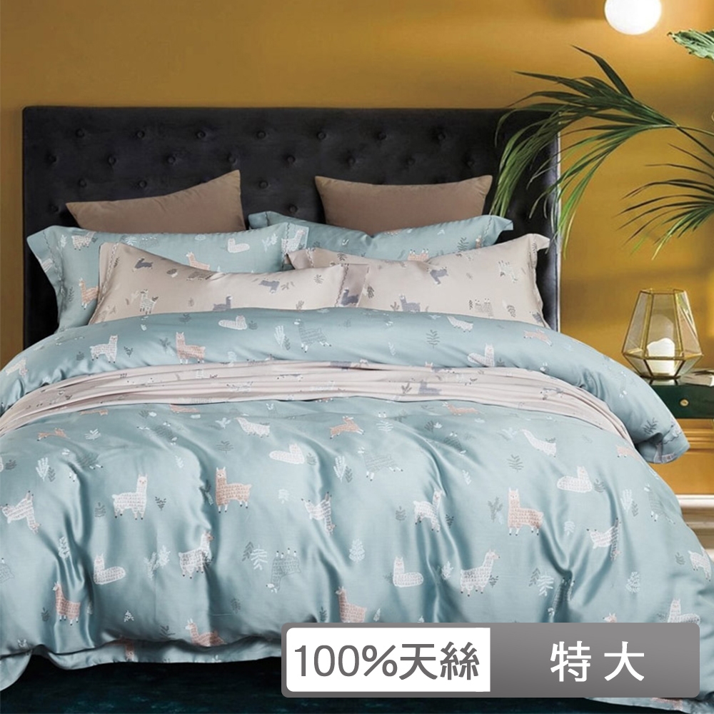貝兒居家寢飾生活館 100%天絲七件式兩用被床罩組 特大雙人 輕新派藍