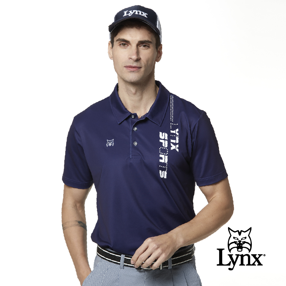 【Lynx Golf】男款吸濕排汗抗UV山貓刺繡Lynx字樣印花短袖POLO衫-深藍色