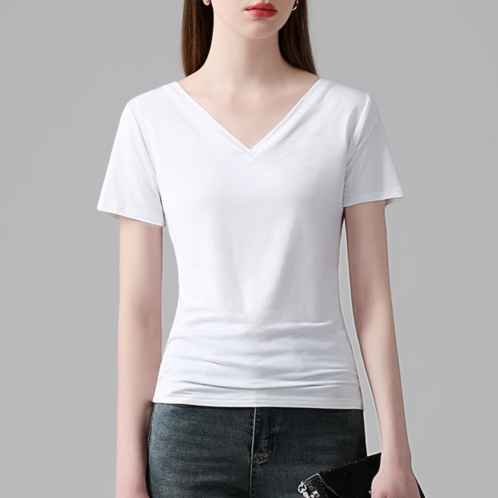 專注內搭-短袖T恤彈性深V露背收腰上衣(四色 S-3XL可選) (白色)
