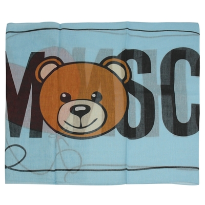 MOSCHINO 經典泰迪熊LOGO撞色絲質圍巾(淺藍 45*140)