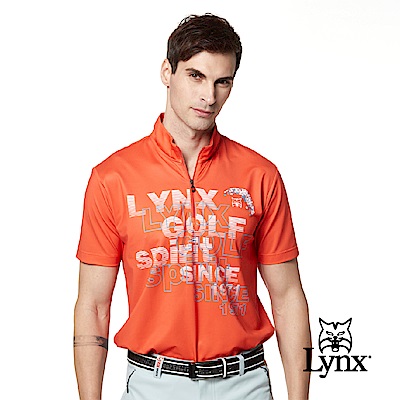 【Lynx Golf】男款吸濕排汗Lynx Spirit合身版抗UV網眼布料造型拉片短袖立領POLO衫-橘色