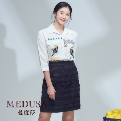 現貨【MEDUSA 曼度莎】鸚鵡印花七分袖襯衫（M-2L）｜女上衣 女襯衫 白襯衫