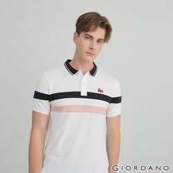 GIORDANO 男裝橫條拼接刺繡POLO衫 - 04 標誌白