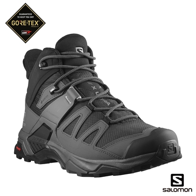 官方直營 Salomon 男 X ULTRA 4 寬楦 Goretex 中筒登山鞋 黑/灰/珍珠藍