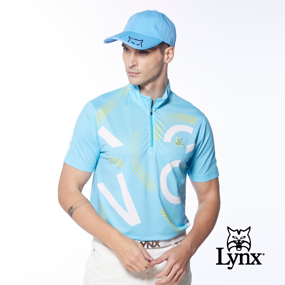 【Lynx Golf】男款吸排抗UV合身版Lynx英文圖樣短袖立領POLO衫/高爾夫球衫-水藍色