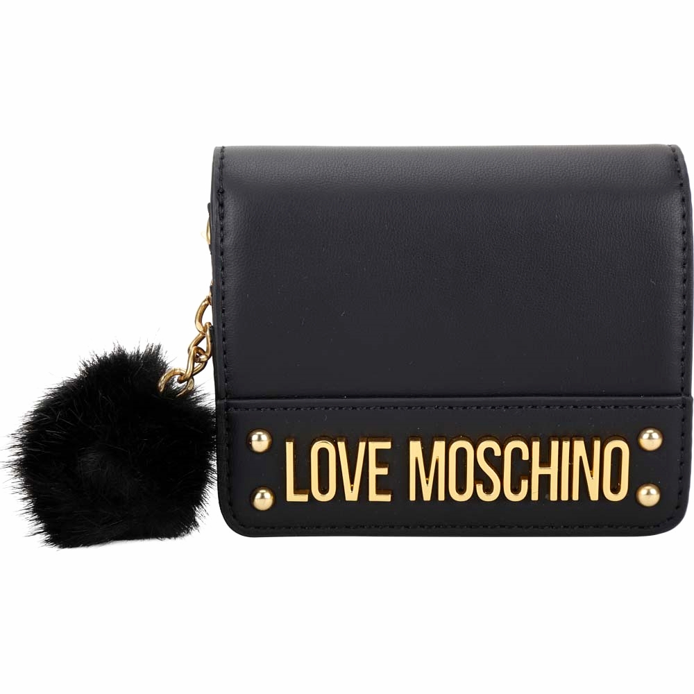 LOVE MOSCHINO 可拆毛球吊飾字母對折釦短夾(黑色)