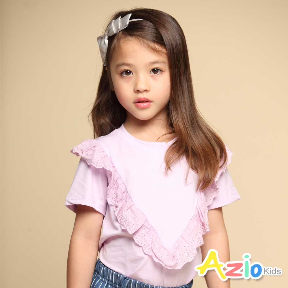 Azio Kids美國派 女童  上衣 V字蕾絲造型短袖上衣T恤(紫)