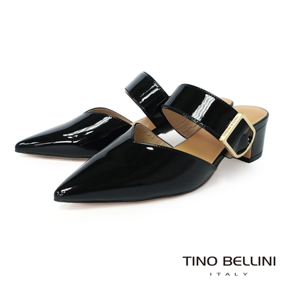 Tino Bellini 尖頭V口牛漆皮寬帶釦環粗跟穆勒鞋-黑