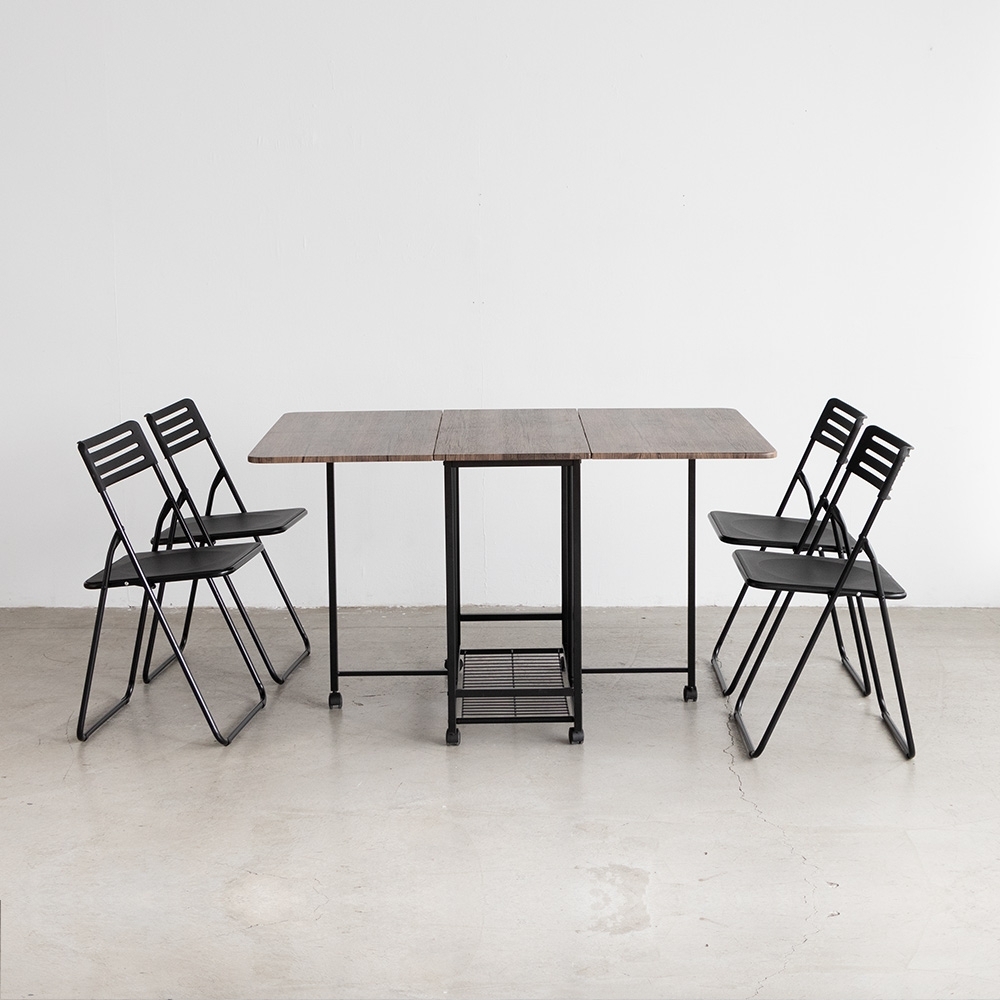 Amos-可延伸折疊收納1+4木板餐桌椅組