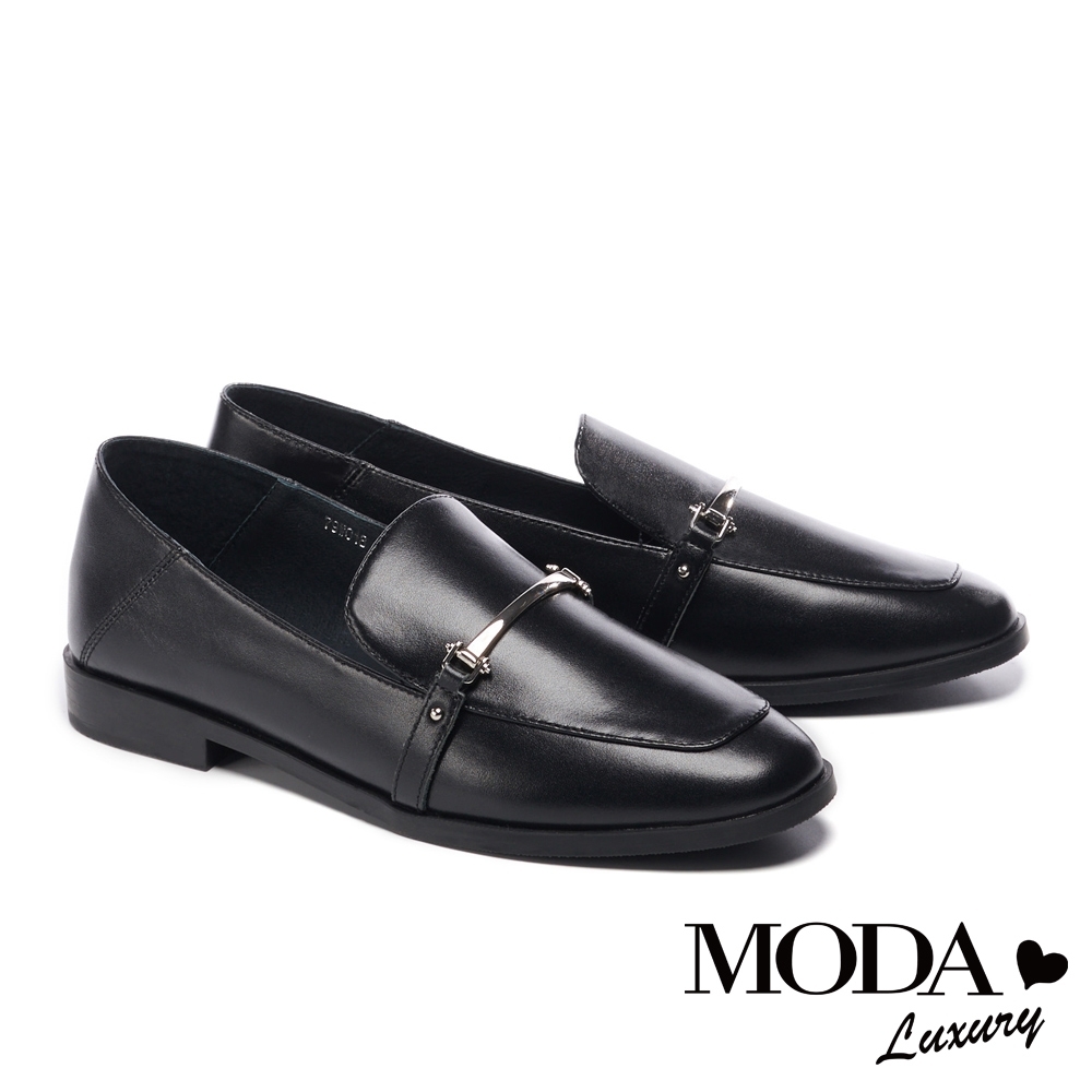 低跟鞋 MODA Luxury 復古文青金屬條釦全真皮樂福低跟鞋－黑