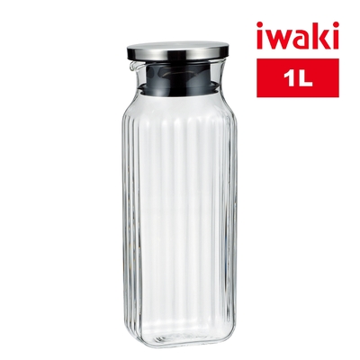 【iwaki】耐熱玻璃不鏽鋼系列方形耐熱玻璃水壺-1L