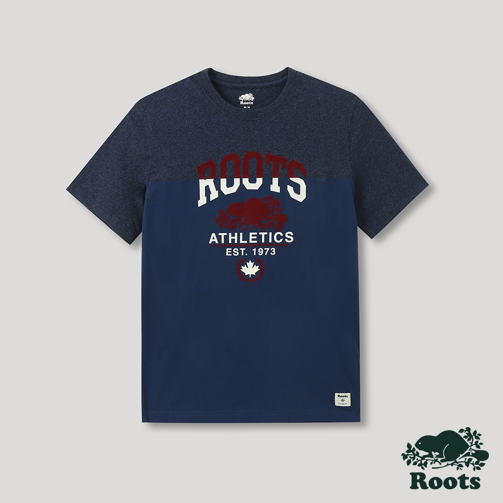 Roots男裝-運動派對系列 撞色海狸LOGO短袖T恤-藍色