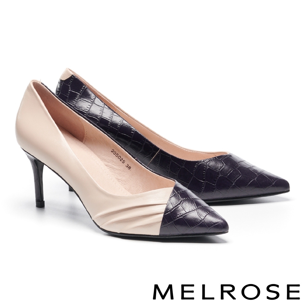 高跟鞋 MELROSE 經典俐落壓紋異材質皺褶尖頭高跟鞋－粉