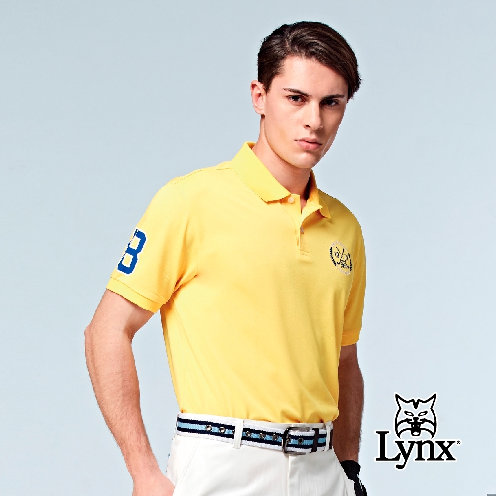 【Lynx Golf】男款吸濕排汗素面Lynx圓形繡花短袖POLO衫-黃色