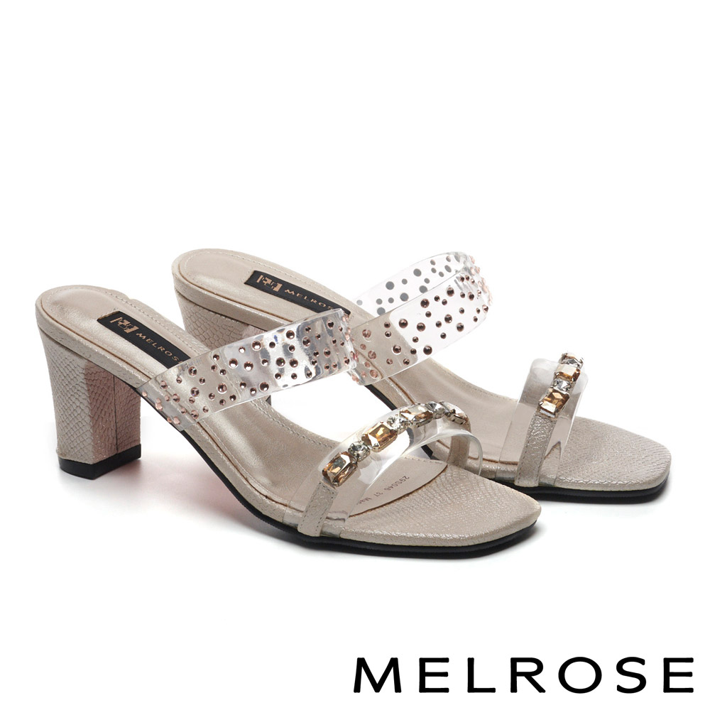 拖鞋 MELROSE 復古奢華晶鑽透明膠片粗高跟拖鞋－金