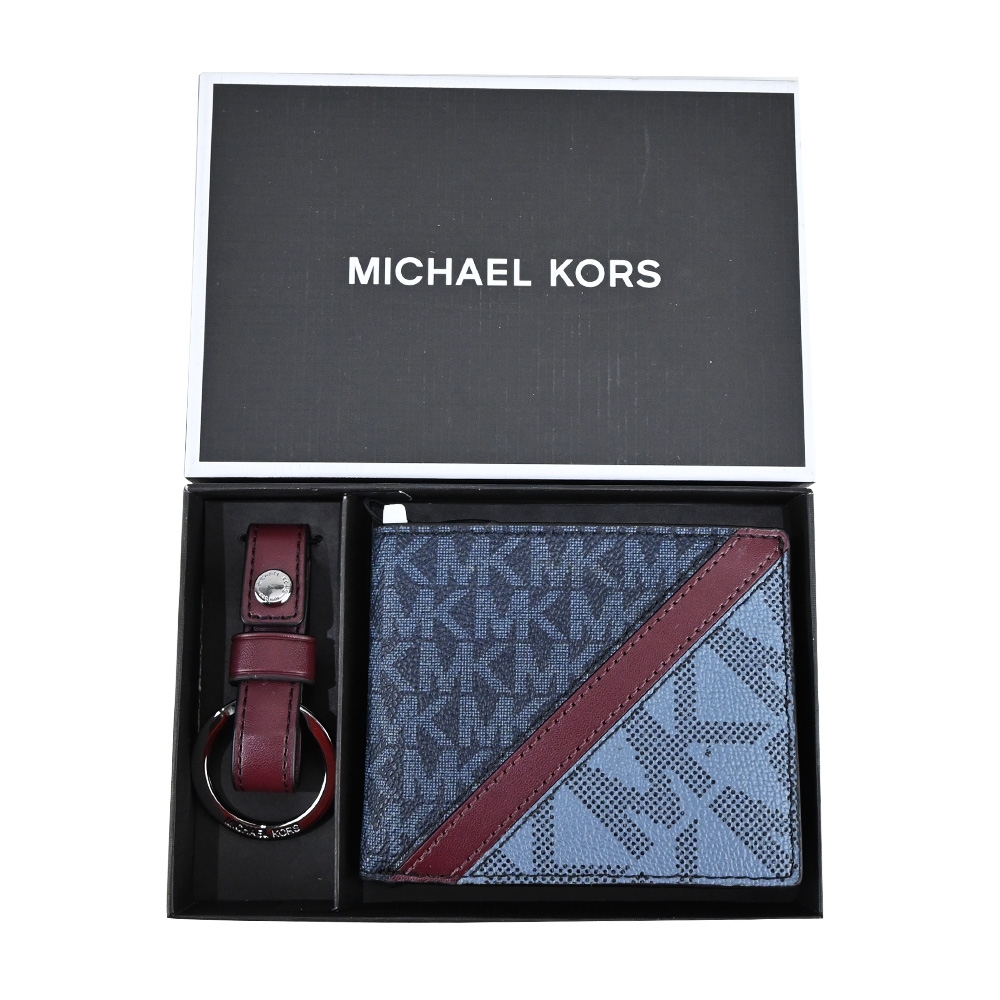 MK MICHAEL KORS GIFTING滿版斜槓短夾鑰匙圈禮盒組-藍