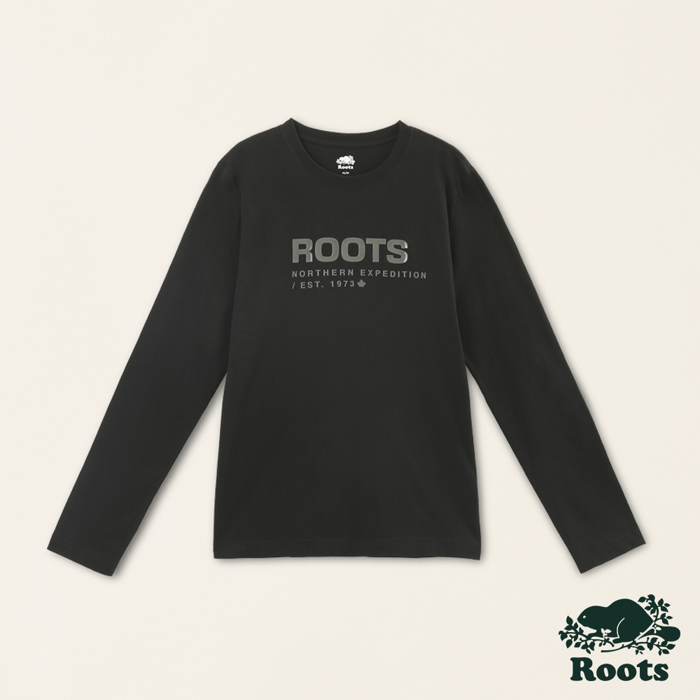 Roots男裝-城市旅者系列 文字設計有機棉長袖上衣-黑色