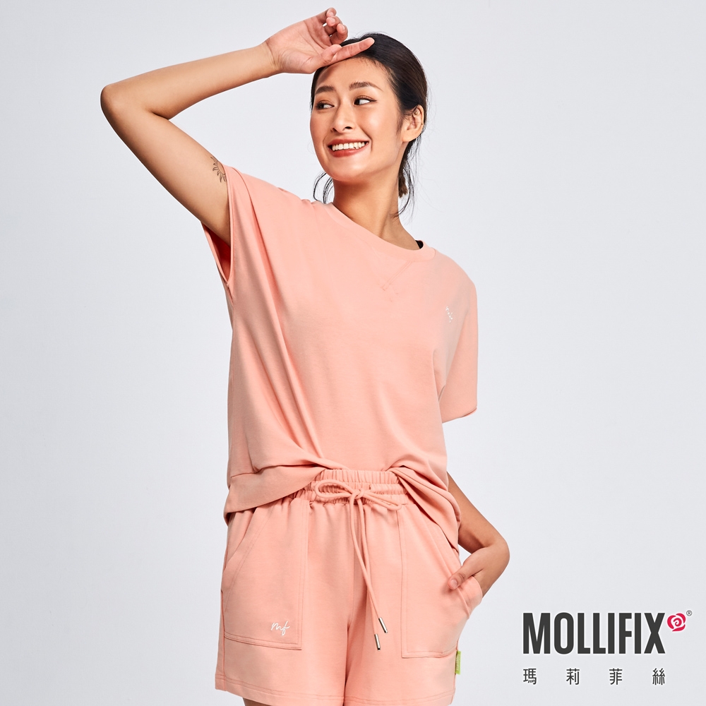 Mollifix 瑪莉菲絲 刺繡寬版短袖上衣、瑜珈服 (珊瑚橘)