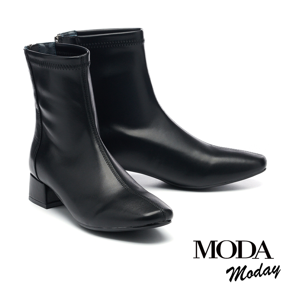 短靴  MODA MODAY 極簡柔美彈力純色方頭Q底低跟短靴－黑
