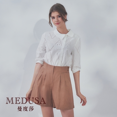 現貨【MEDUSA 曼度莎】側開襟不對稱燒花襯衫（M-2L）｜女上衣 短袖上衣 蕾絲