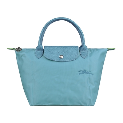 LONGCHAMP LE PLIAGE GREEN刺繡LOGO再生尼龍摺疊款短把拉鍊手提包(小/雷雨藍x霧藍)