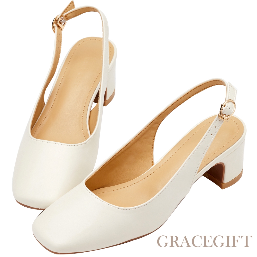 【Grace Gift】復古方頭素面後空中跟鞋 白
