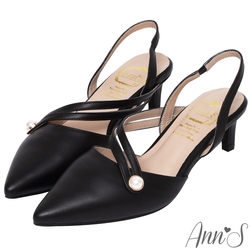 Ann’S法式珍珠-顯瘦曲線綿羊皮拉帶尖頭跟鞋-黑(版型偏大)