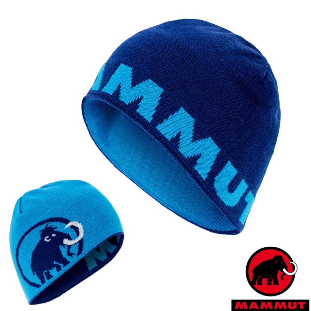 MAMMUT 長毛象 大Logo Beanie 羊毛雙層針織保暖帽_群青藍/帝國藍