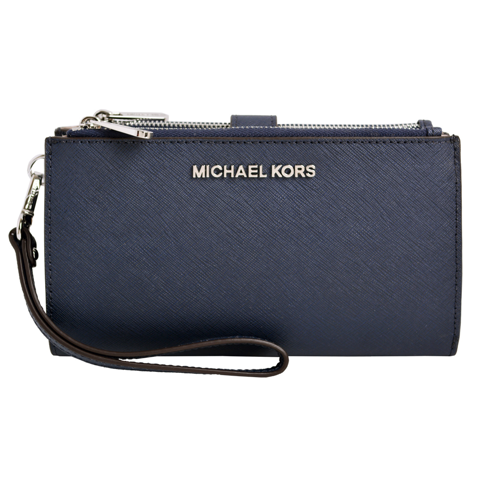 MICHAEL KORS JET SET TRAVEL銀字LOGO防刮皮革雙層手拿長夾-藍