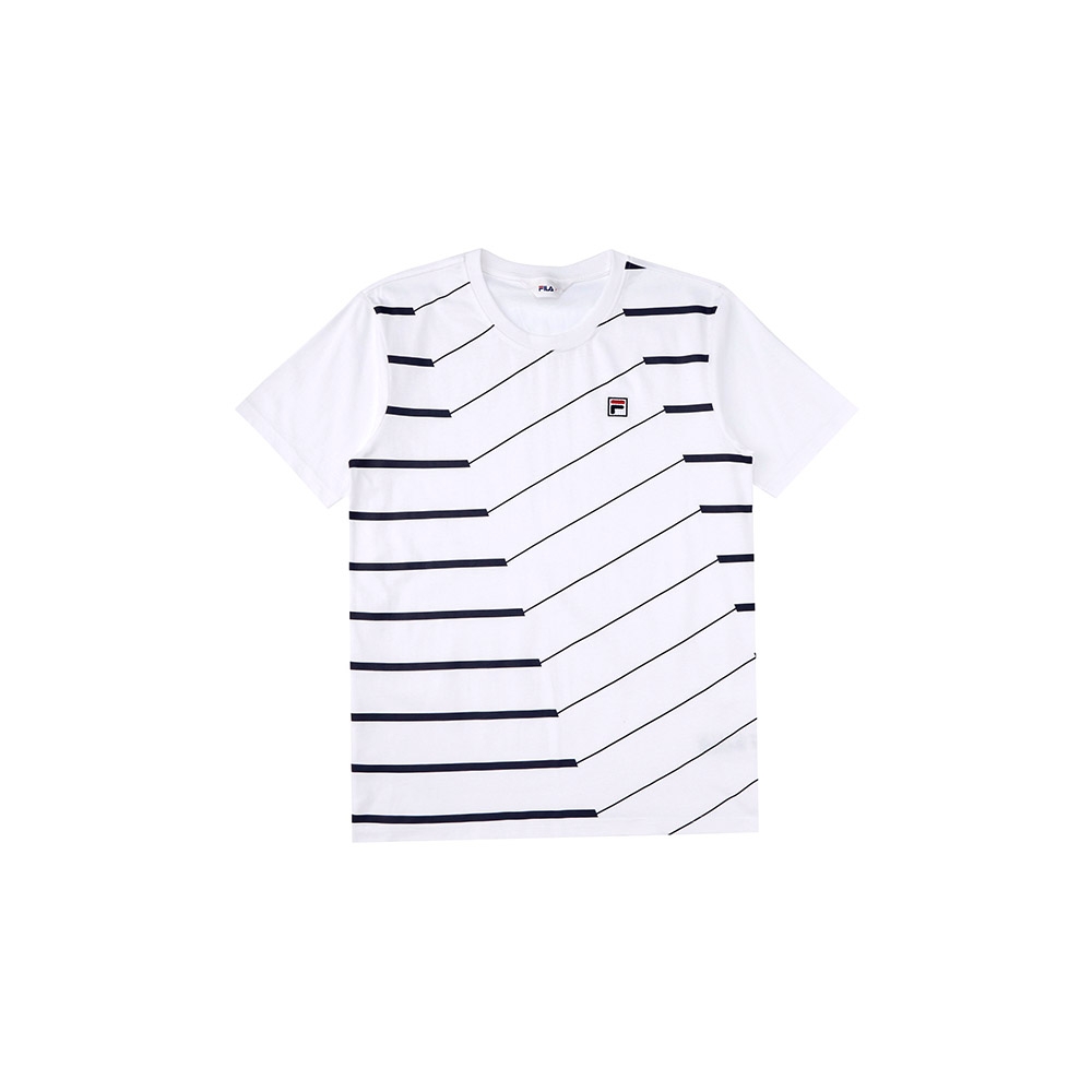 FILA 中性短袖條紋圓領T恤合身版-白色 1TEX-1505-WT
