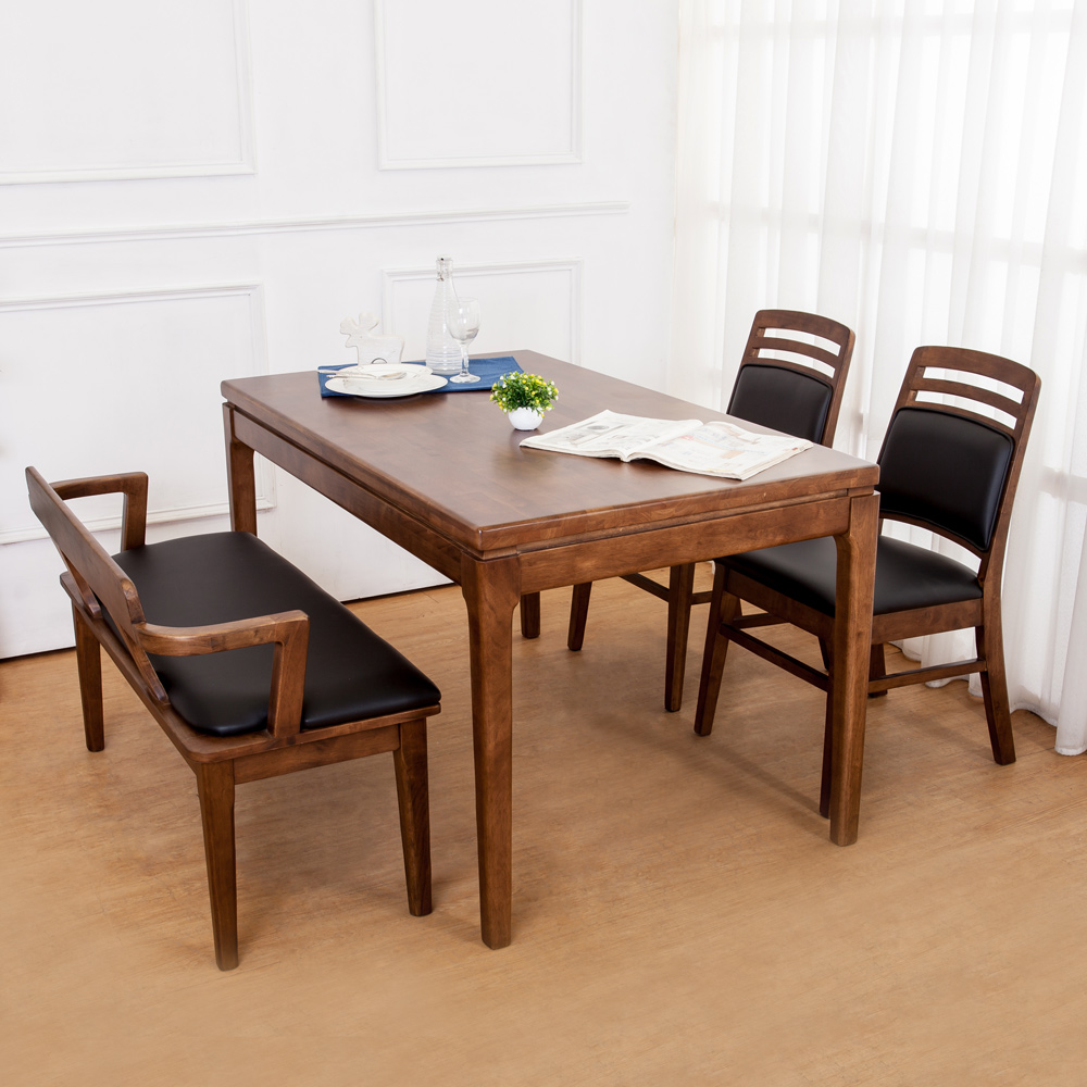 Boden-尼爾斯4.5尺全實木餐桌椅組合(一桌二椅一長凳)135x80x76cm