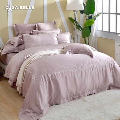 法國CASA BELLE 維爾克 加大天絲刺繡四件式防蹣抗菌吸濕排汗兩用被床包組 共三色 - 粉色