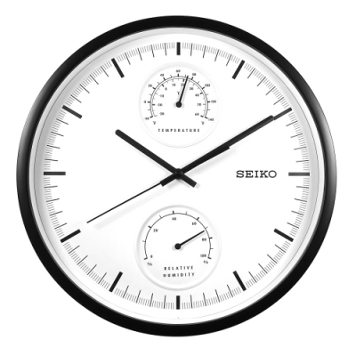 SEIKO 精工 / 31cm 兩眼造型 溫度 溼度 滑動式秒針 餐廳客廳臥室 靜音掛鐘-白x黑框 / QXA525K /SK048