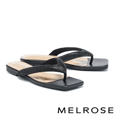 拖鞋 MELROSE 奢華魅力水鑽麂布方頭平底夾腳拖鞋－黑