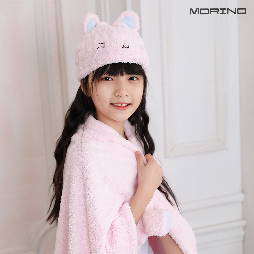 【MORINO摩力諾】MIT超細纖維動物造型速乾兒童罩袍浴帽組合_(貓咪)